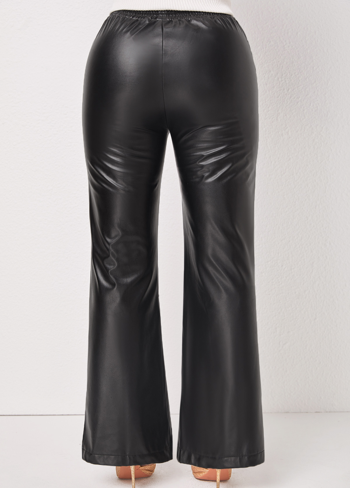 Faux Leather Flare Leg Black Elastic Waist Pants