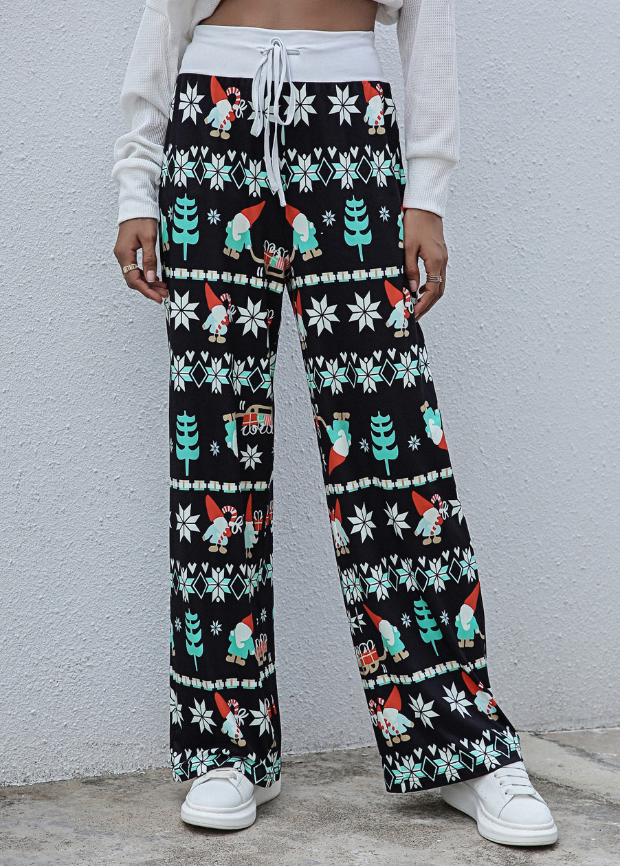 Christmas Print Drawastring High Waisted Pants