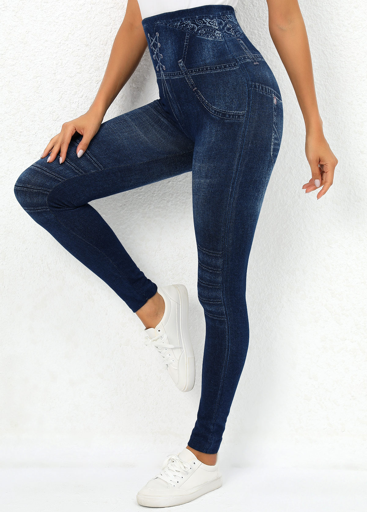 Navy Elastic Waist High Waisted Leggings