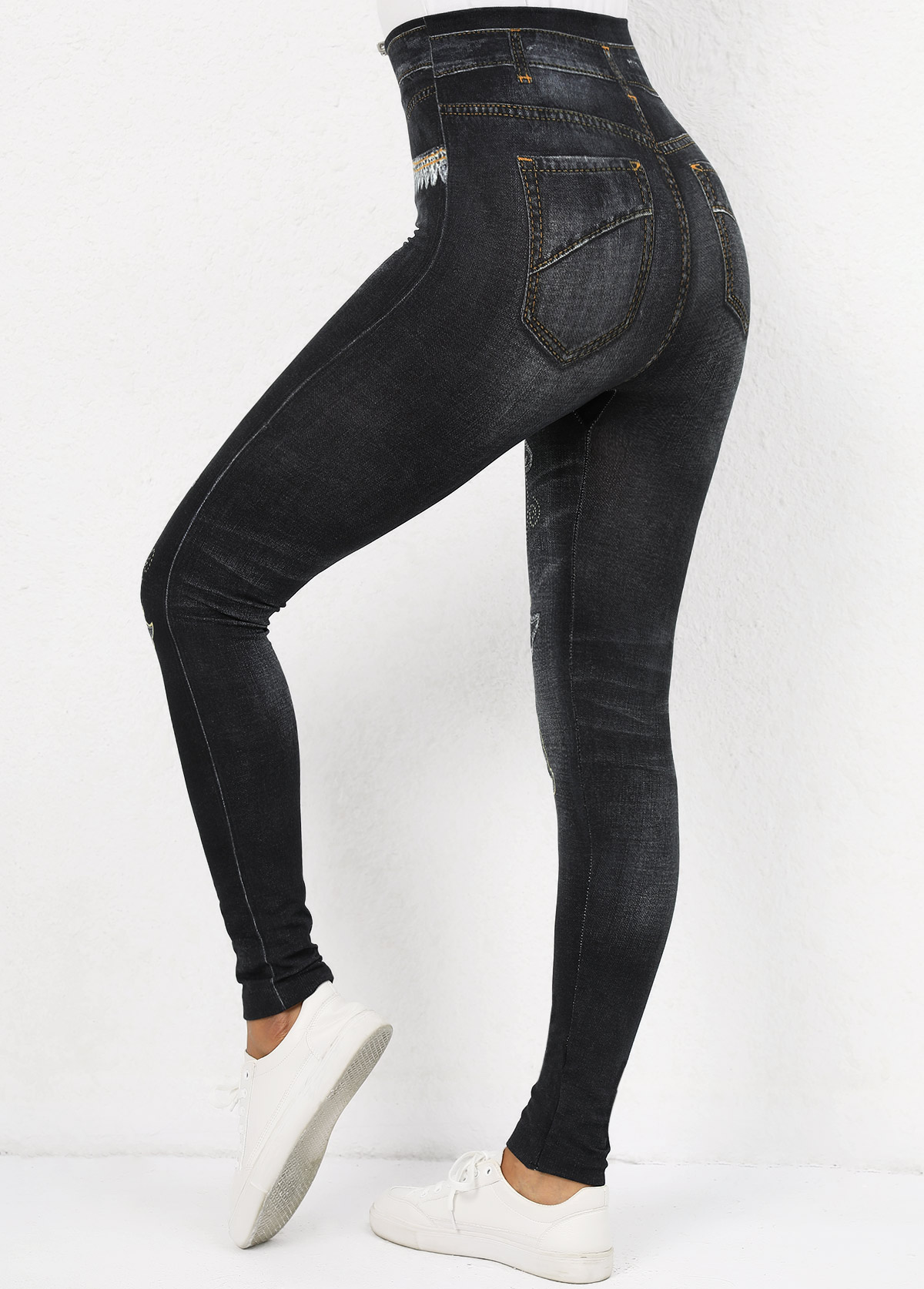 Butterfly Print Black Elastic Waist High Waisted Leggings