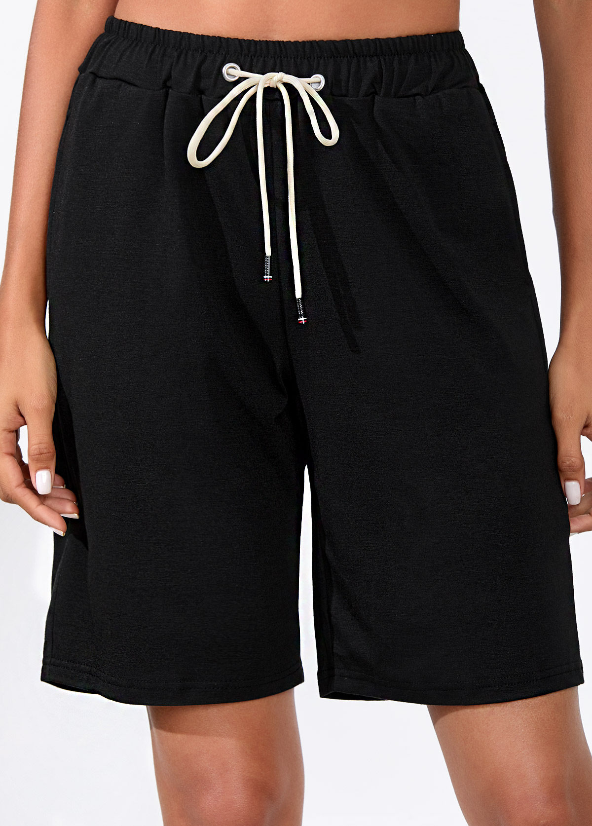 Drawstring Waist Black Double Side Pockets Shorts