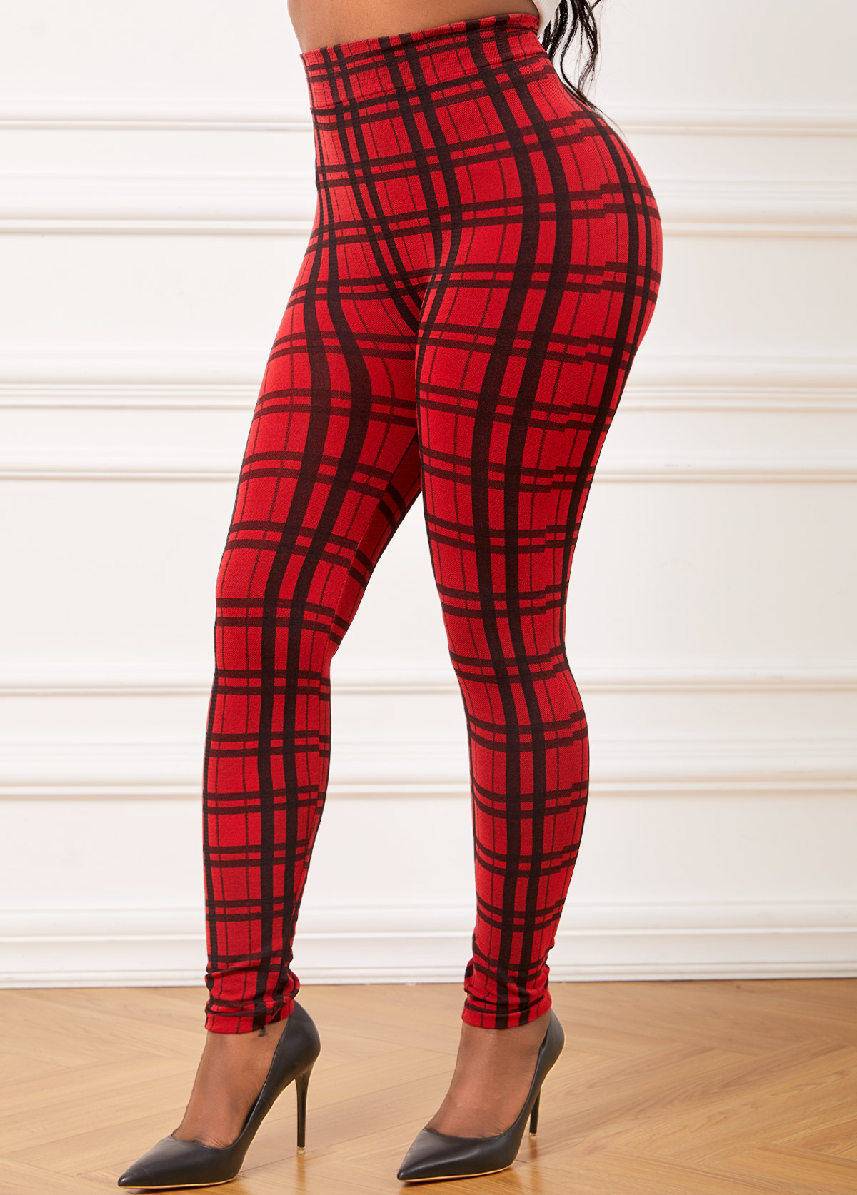 Plaid Red Elastic Waist High Waisted Leggings