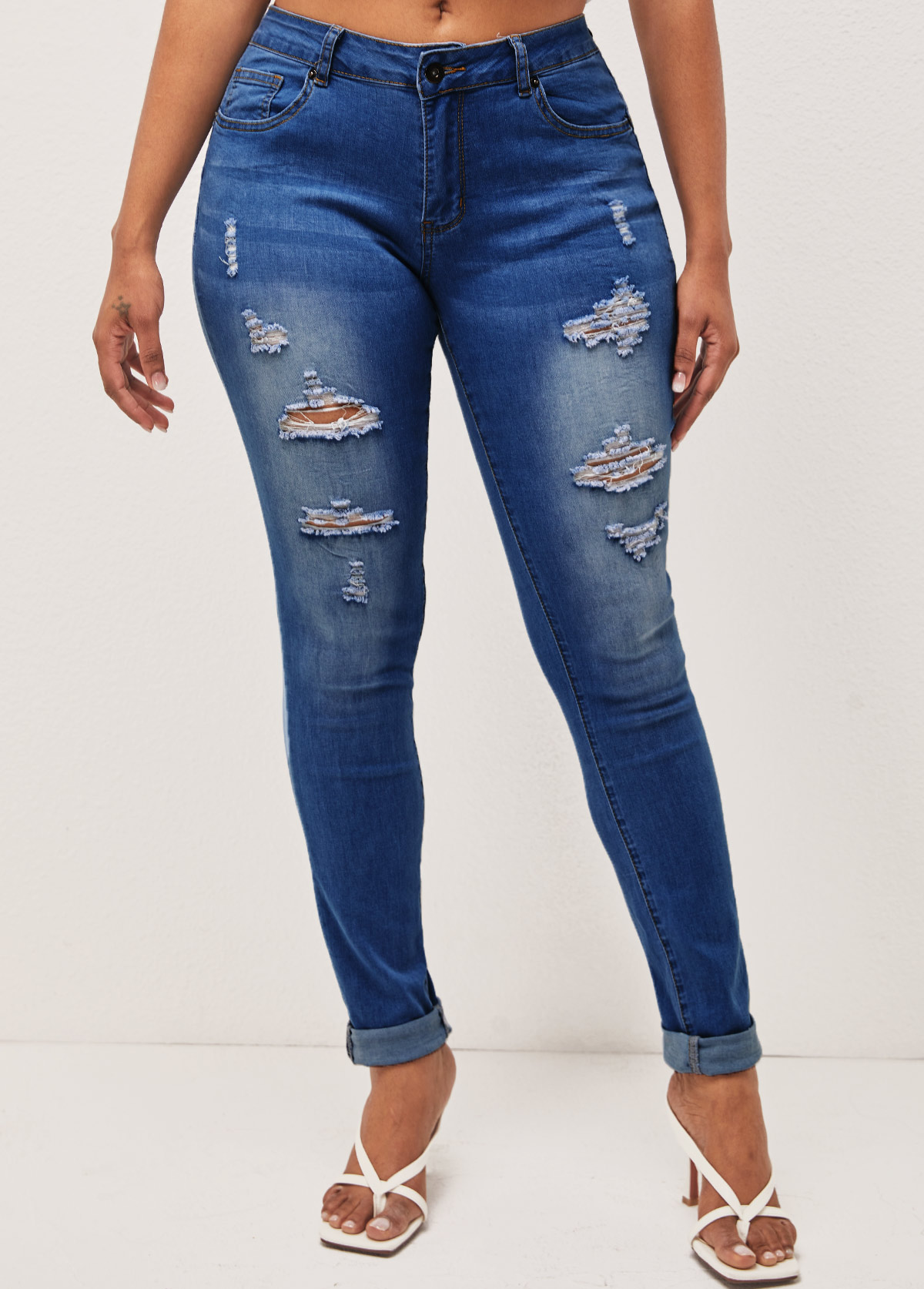 Denim Blue Shredded Pocket Skinny Mid Waist Jeans