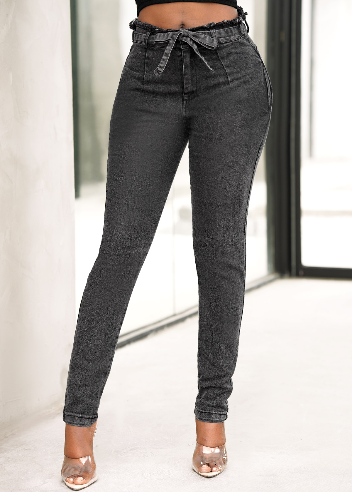 Mid Waist Pocket Grey Bowknot Jeans