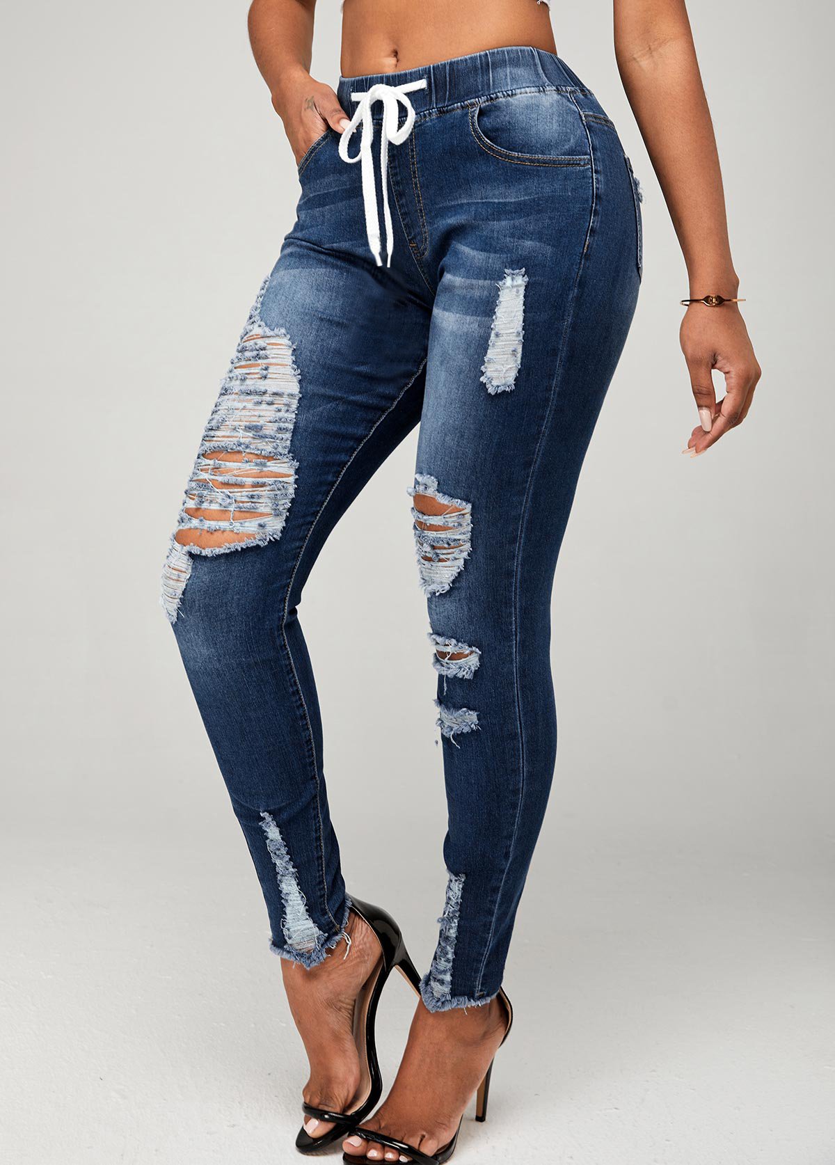 Drawstring Detail Shredded Skinny Mid Waist Jeans