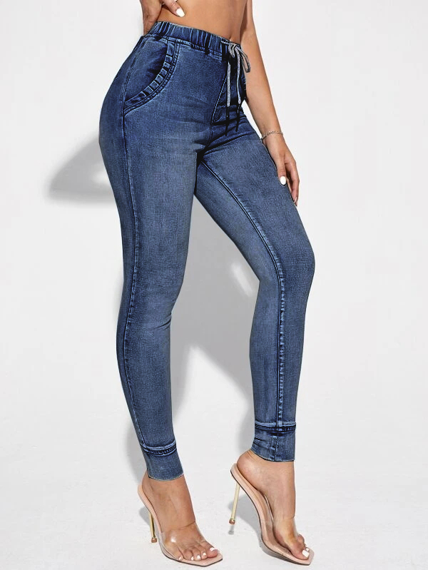 Denim Blue Drawstring Detail Mid Waist Jeans